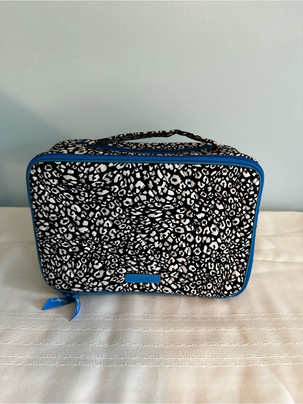 Vera Bradley Black and White Leopard Print Cosmetic Case with Blue Trim